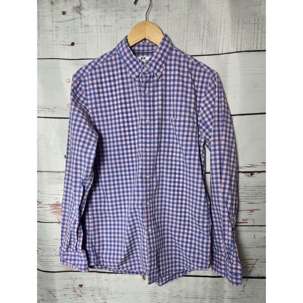 Uniqlo Mens Shirt Size Small Pink Blue Gingham Plaid Button Down Long Sleeve